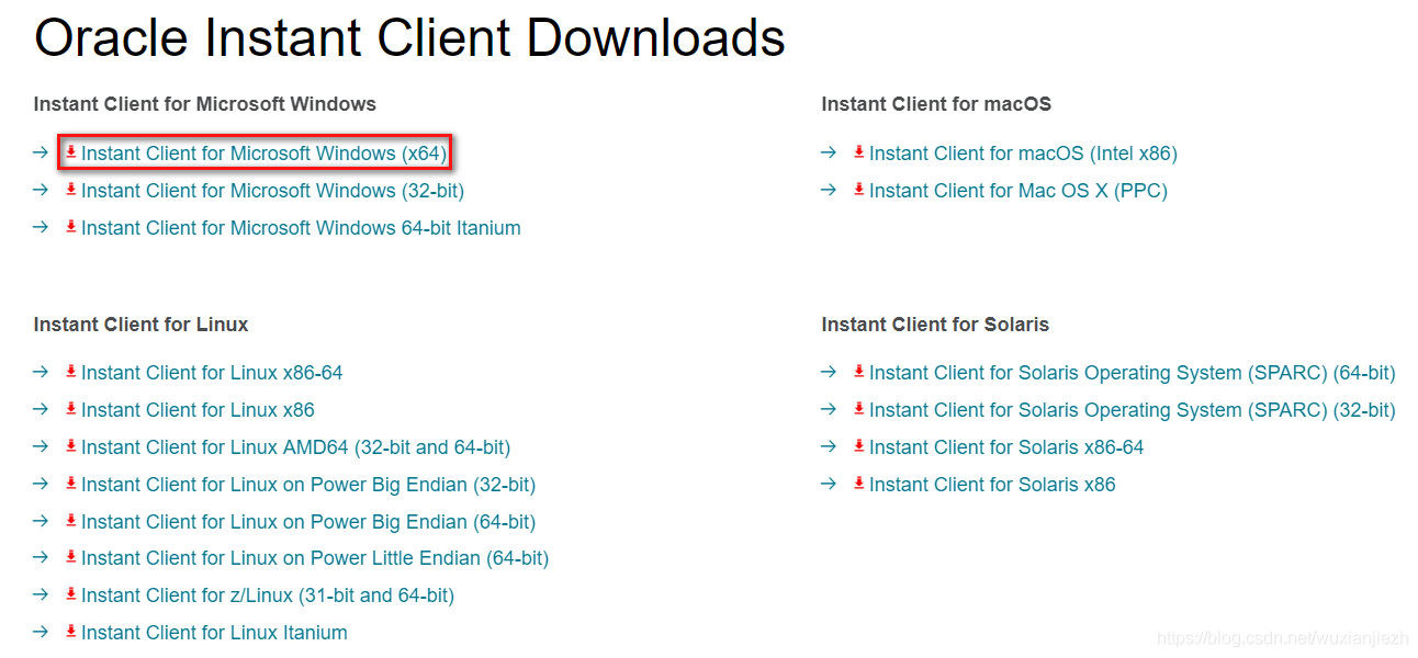 Oracle Instant Client Downloads 的页面